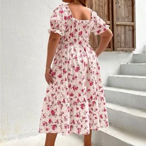 Plus all over floral print flounce sleeve ruffle hem dress